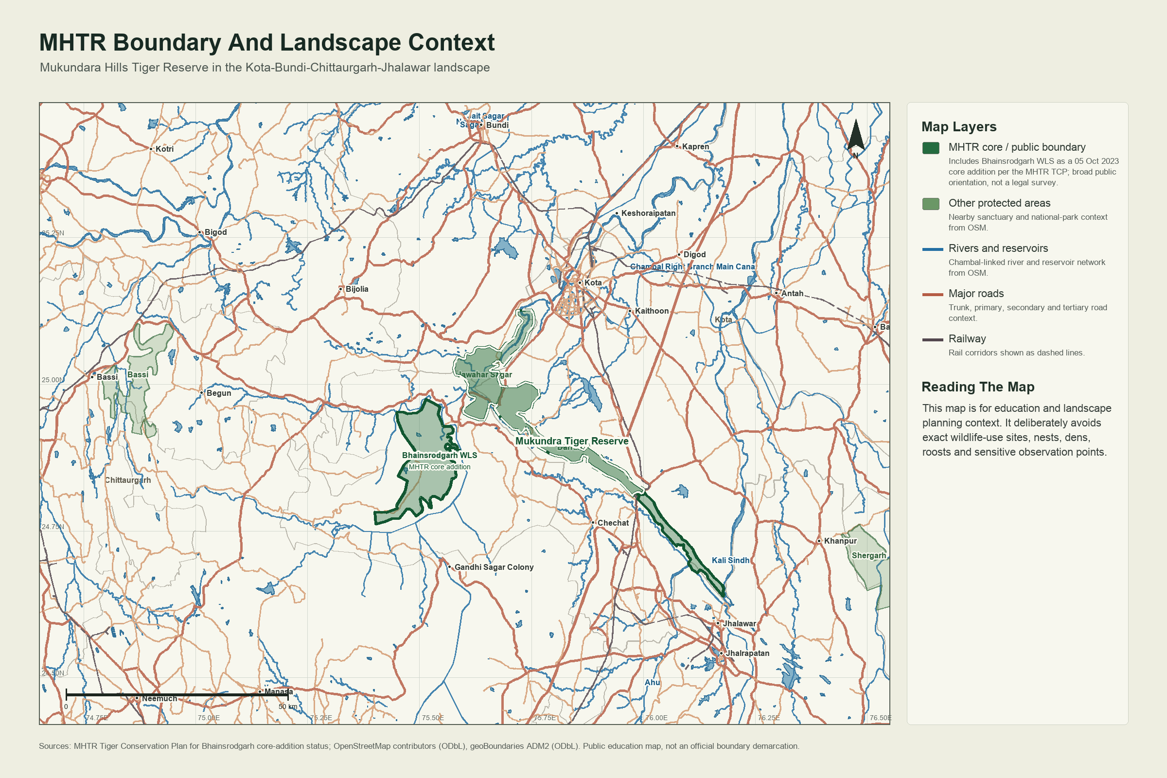GIS map showing Mukundara Hills Tiger Reserve, Bhainsrodgarh core addition, surrounding protected areas, rivers, roads and district context