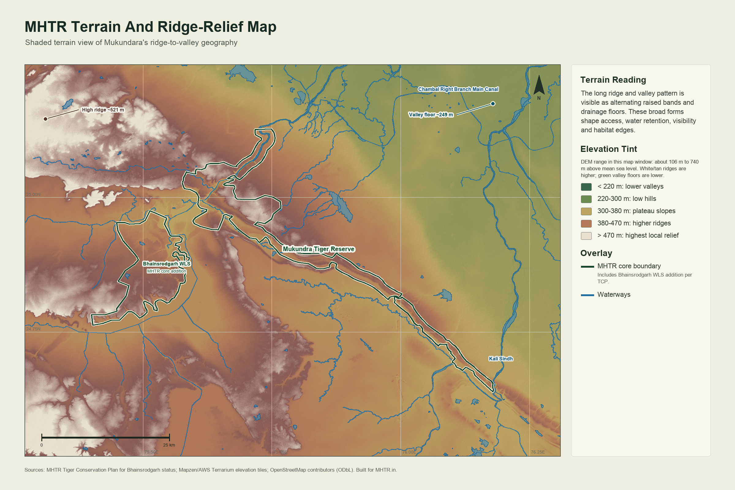Shaded relief terrain map of Mukundara Hills Tiger Reserve showing ridges, valleys, water lines and core boundary