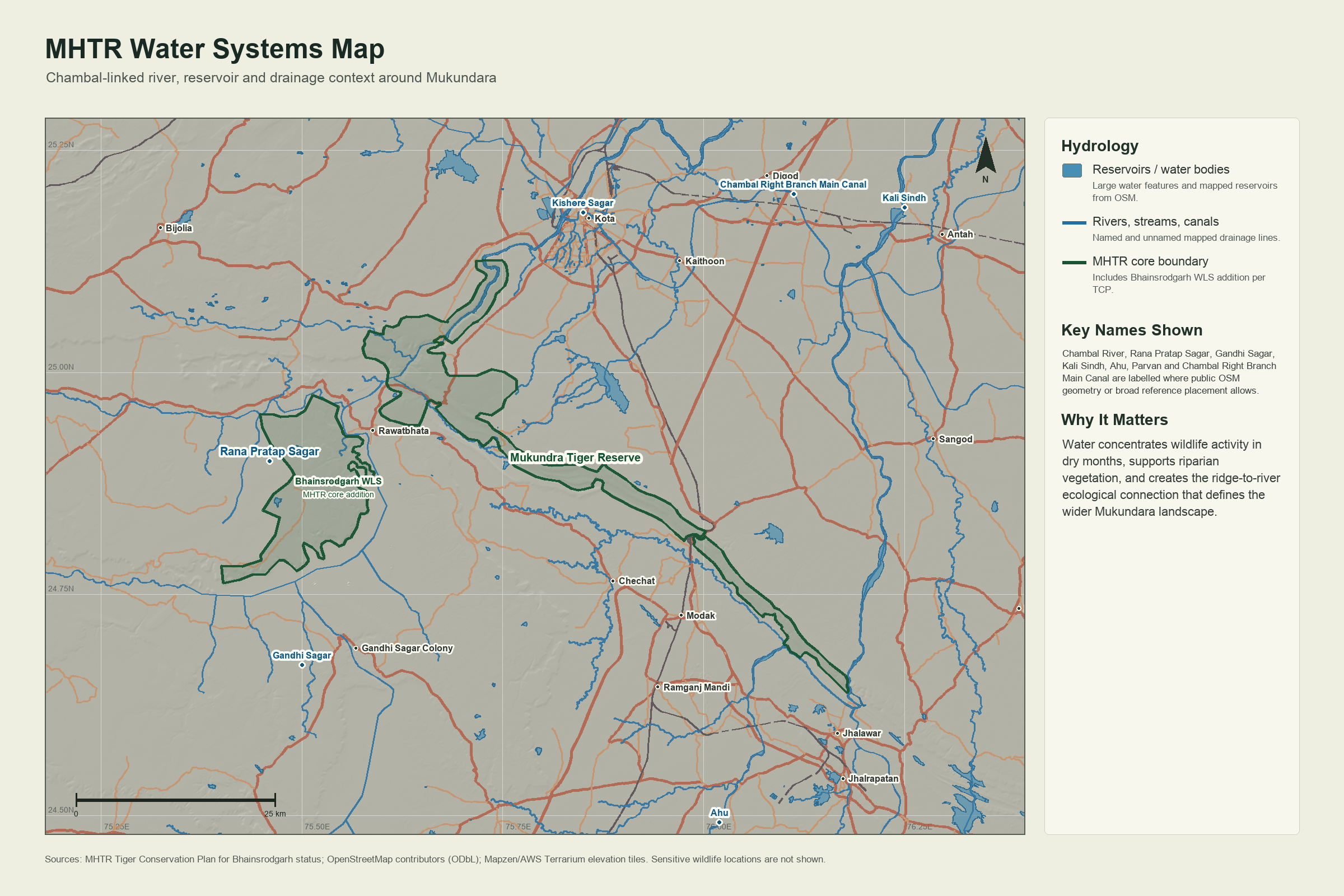 Hydrology GIS map for Mukundara Hills Tiger Reserve with labelled water systems
